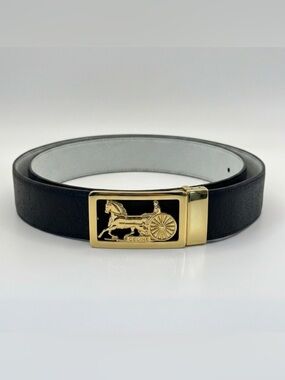 Celine Belt Black Leather Gold Horse Carriage Buckle 26 - 28 Italy Authentic Vtg